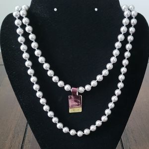 Vintage New Monet Faux Silver Grey Pearls Classic Knotted Single Strand Necklace